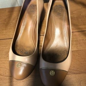 Womans 6.5 Tory Burch pink/Tan Ethel Logo Pumps